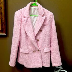 SHEIN pink tweed double breasted jacket with gold buttons